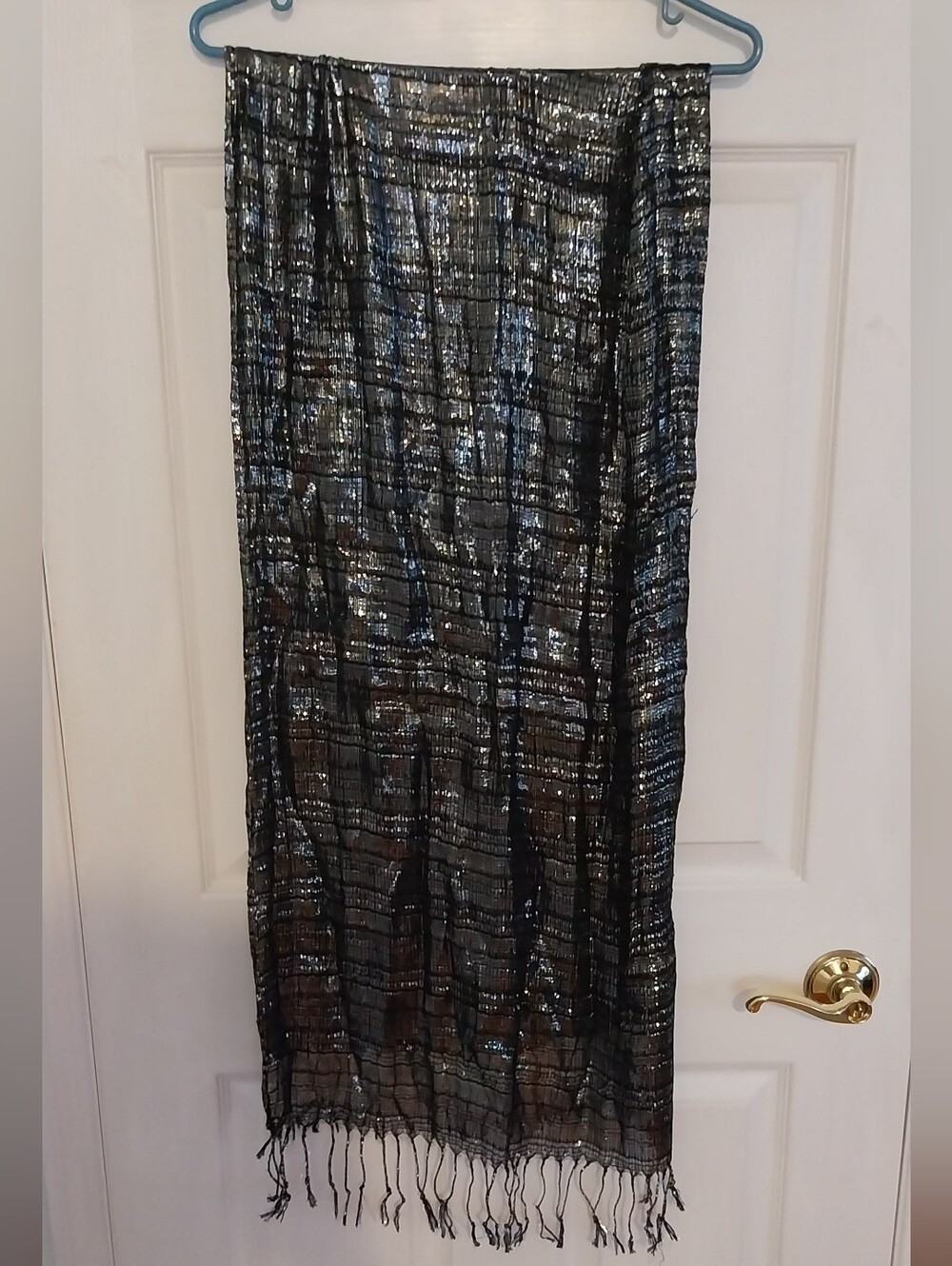 Black Sheer Metallic Thread Fringe Scarf